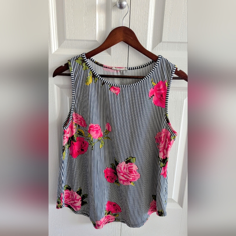 Pink Floral Striped Sleeveless Blouse